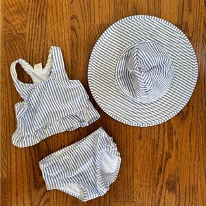 Ruffle Butts Striped Blue and White Seersucker Swimsuit Set with Hat 6-12 mo